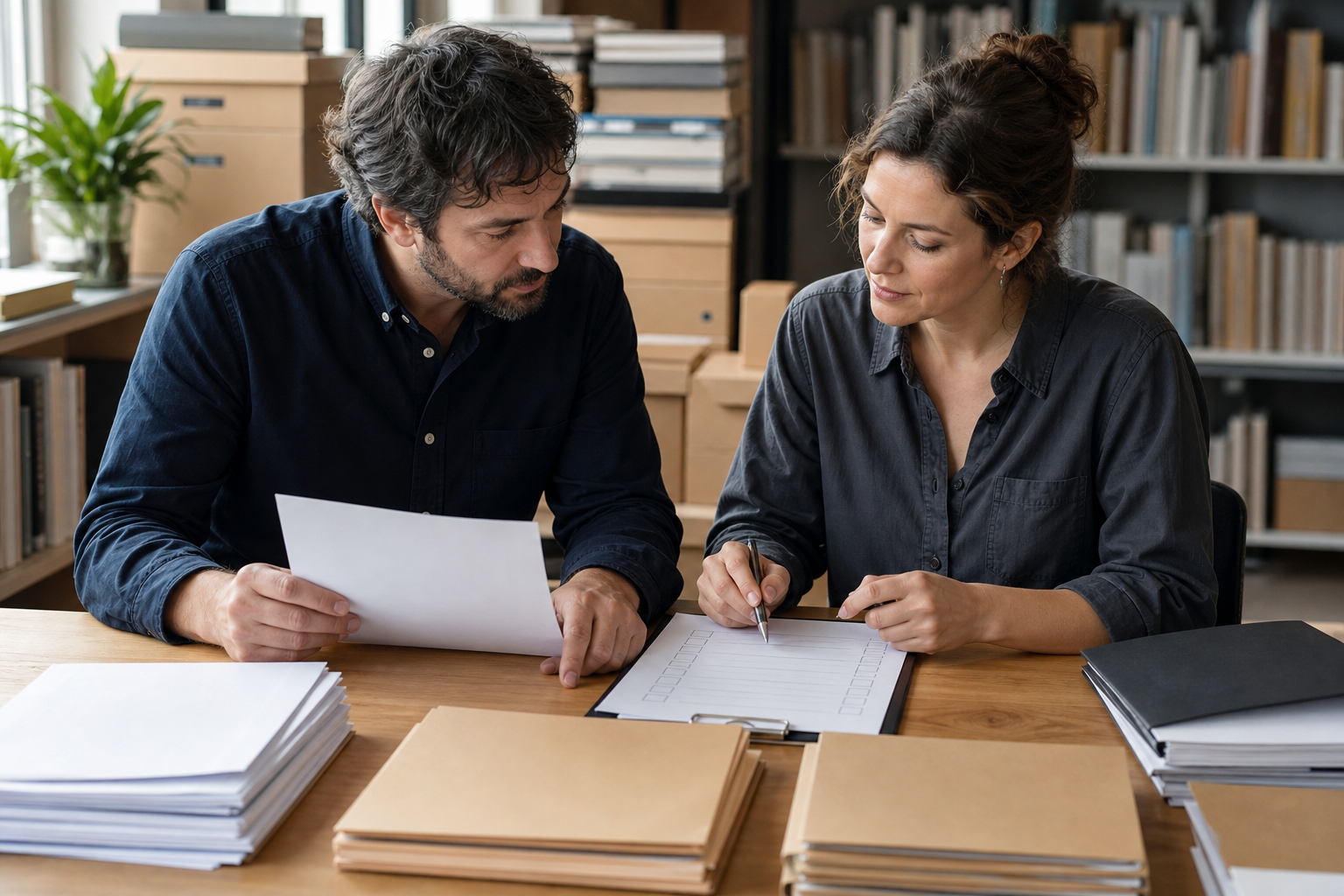 Publishing business colleagues reviewing a blank rights checklist and handoff folders