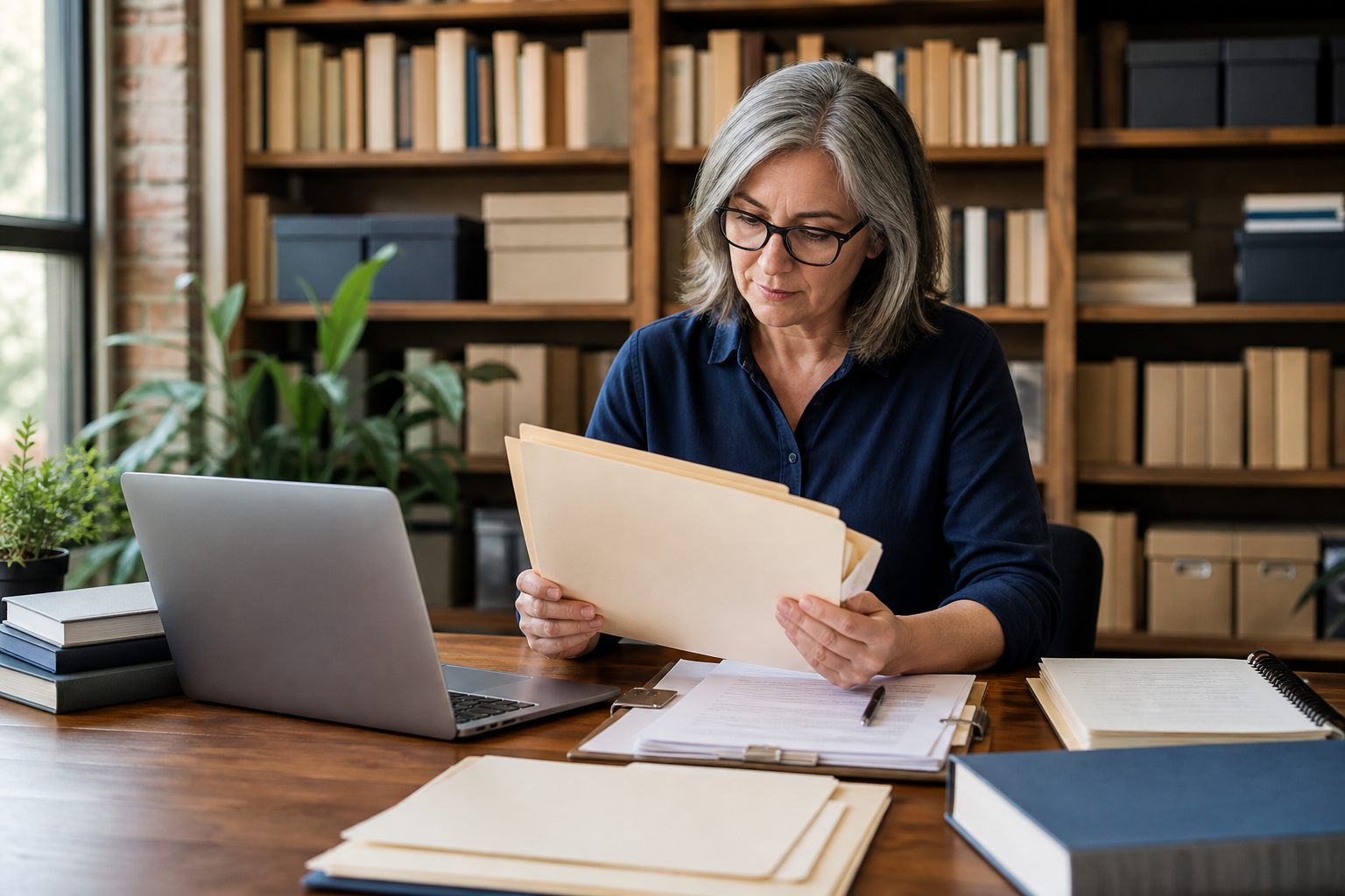 Independent publisher reviewing royalty and manuscript records