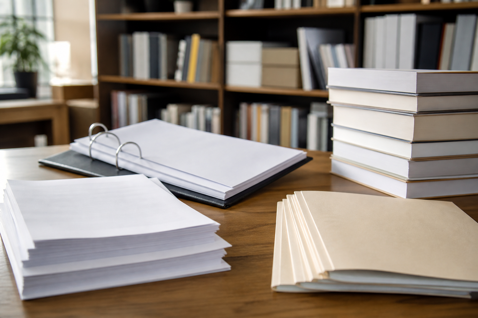 Independent publishing table with blank royalty folders and unbranded books